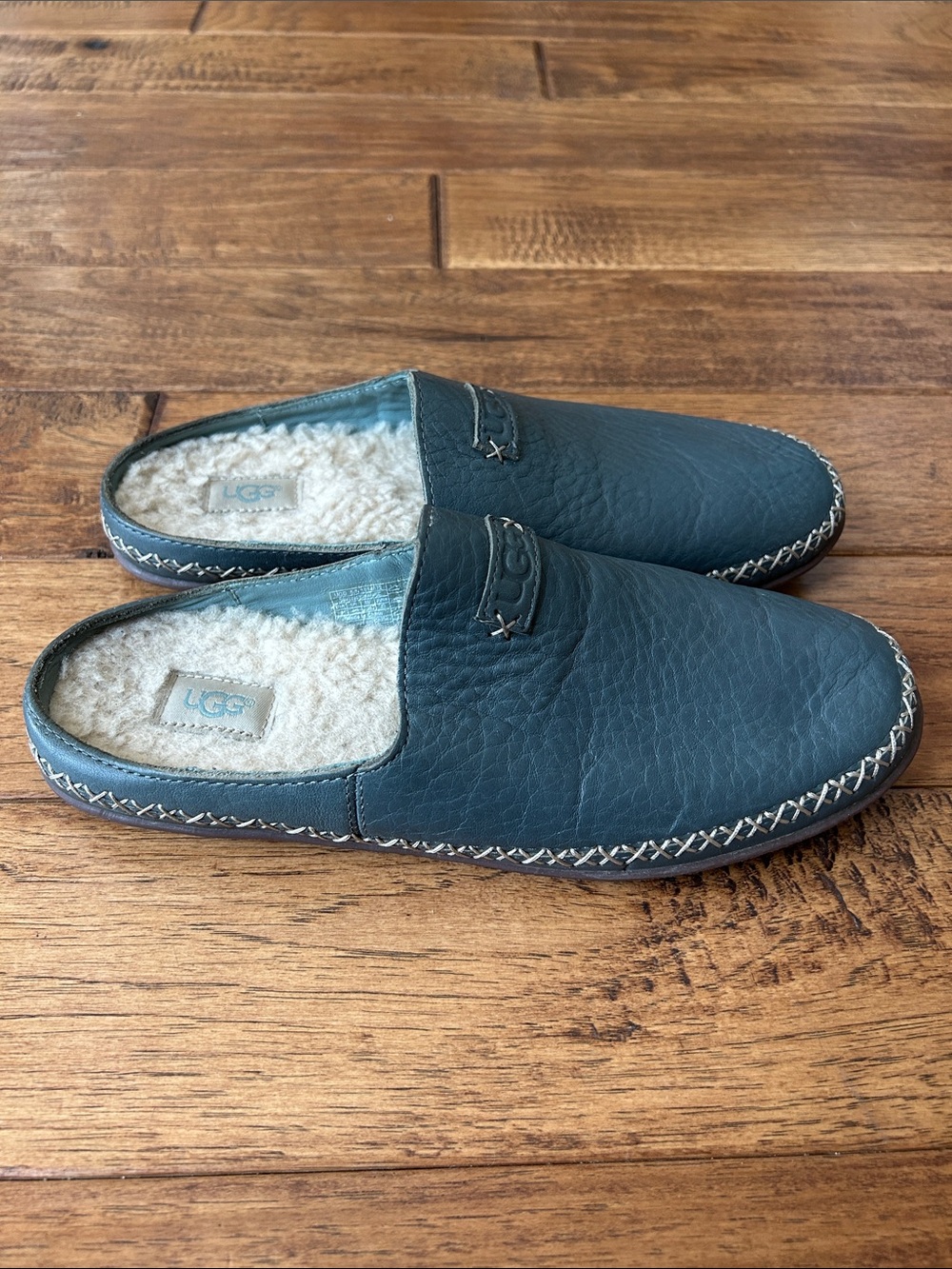 UGG Tamara Slippers Leather Wool Lined Blue Womens Size 8